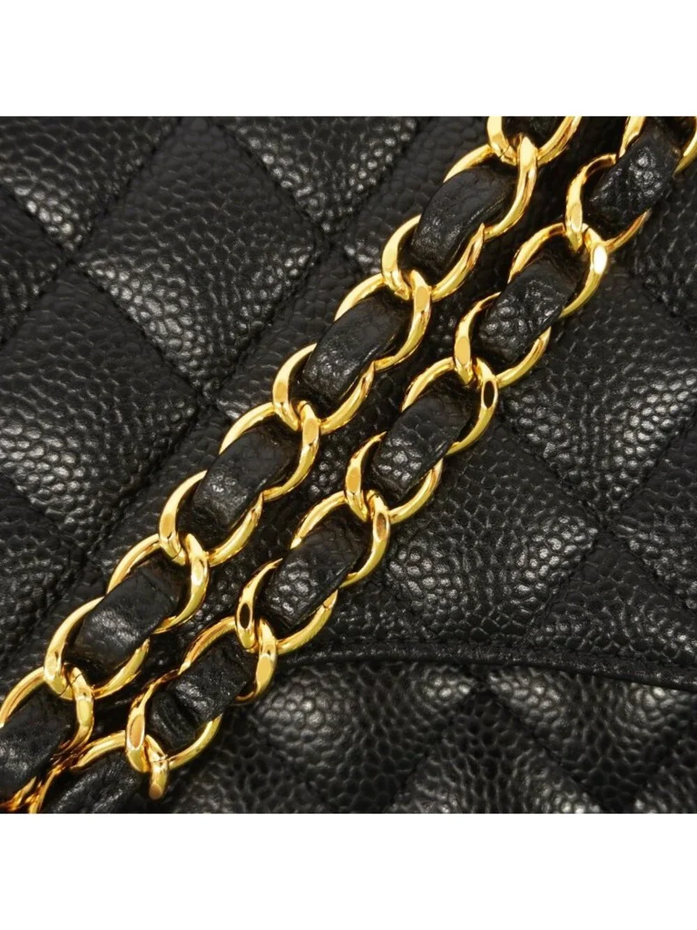 Chanel Shoulder Bag Quilted Caviar Leather Black Gold